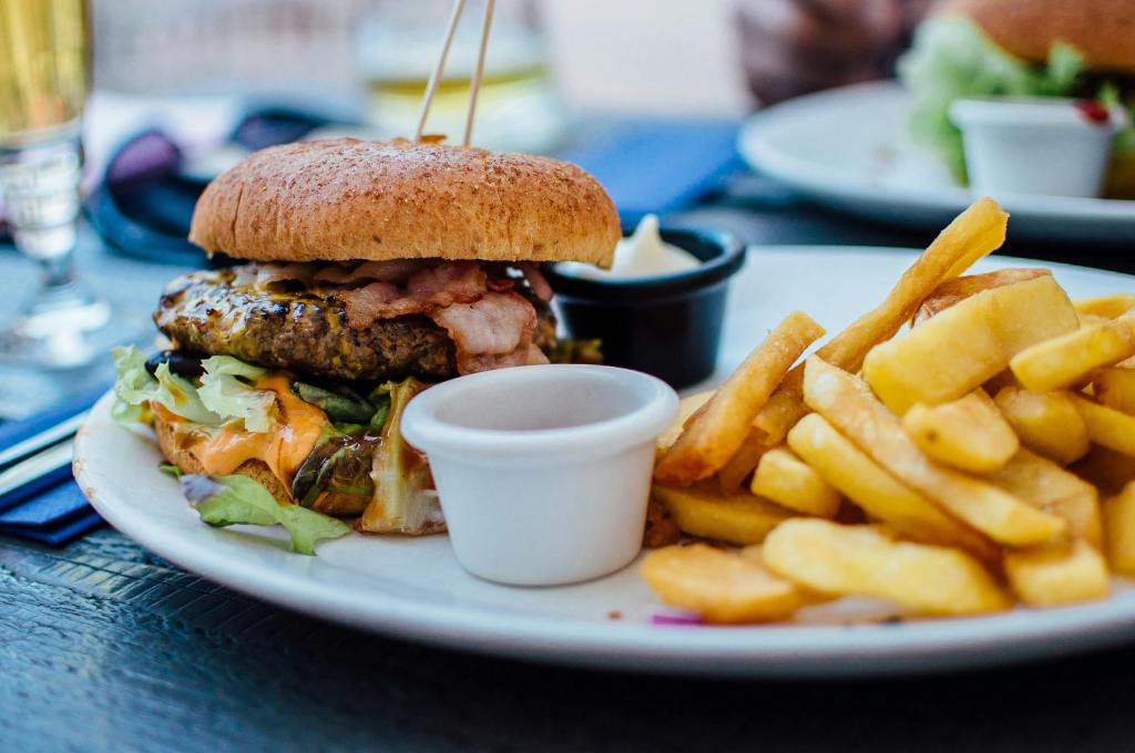 Plated burger and fries
